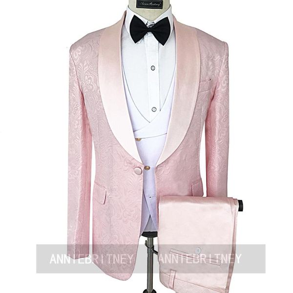 

men's suits & blazers 2021 style groomsmen shawl lapel groom tuxedos pink jacquard men wedding man blazer (jacket+pants+vest), White;black