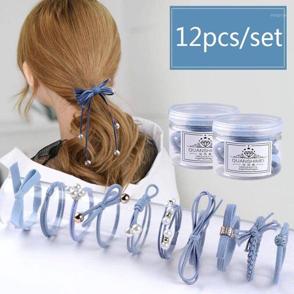 

12pcs/set stretch girls hair ties ponytail holder pearl high elastic solid for women accessories ropes bands1