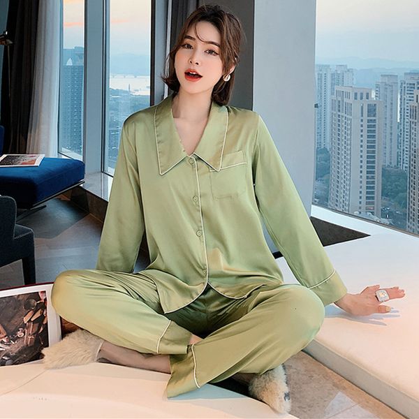 

women's sleepwear ice silk loose night wear women pajamas rayon long sleeve trousers two piece suit lapel ladies pyjamas set, Black;red