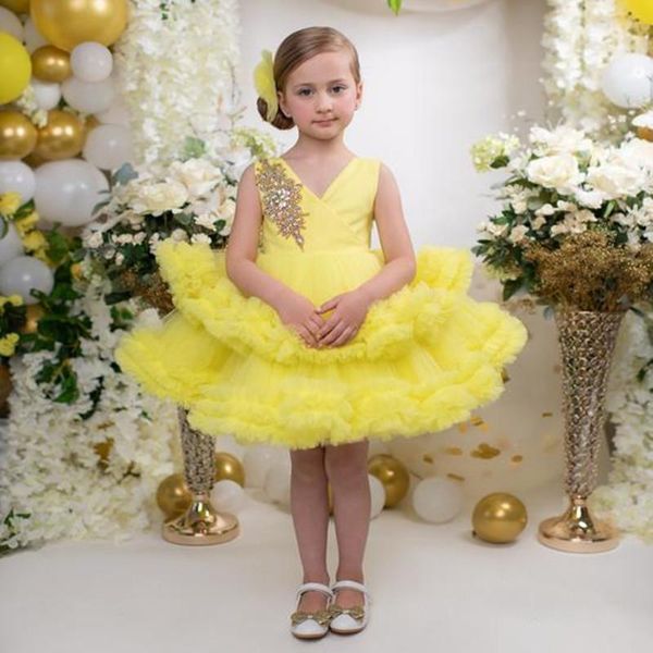 

girl's dresses gorgeous jeweled applique flower girl dress for wedding v neck fluffy tulle princess birthday party pageant gown, Red;yellow