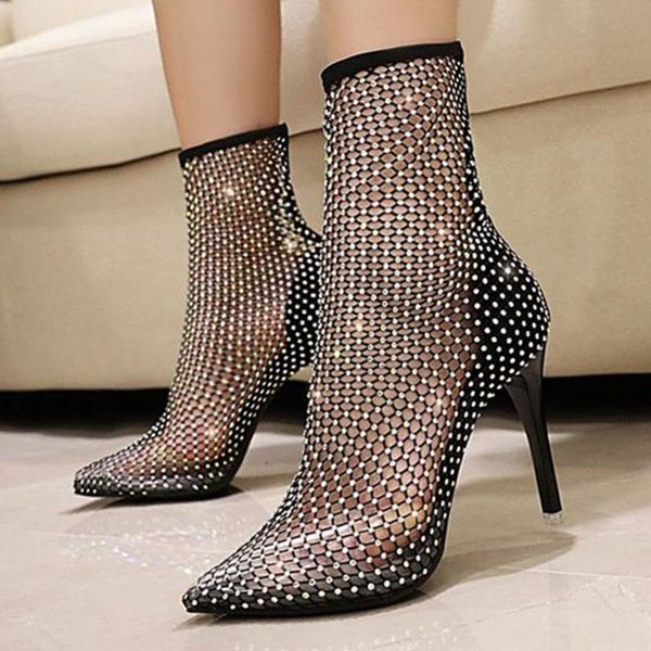 

boots rhinestone bling summer female breathable high heels crystal ankle sock mesh shoe for women 2021 mujer botines bootie, Black