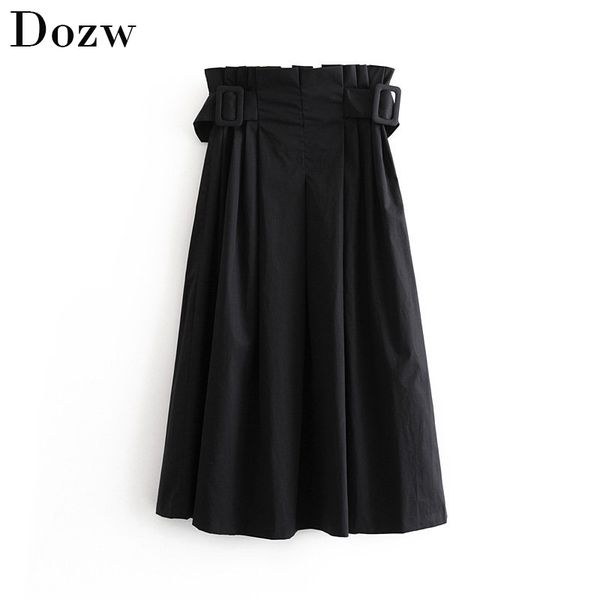 

autumn skirts women solid pleated midi length skirt elegant female high waist belt a-line skirt casual ladies saias 210414, Black