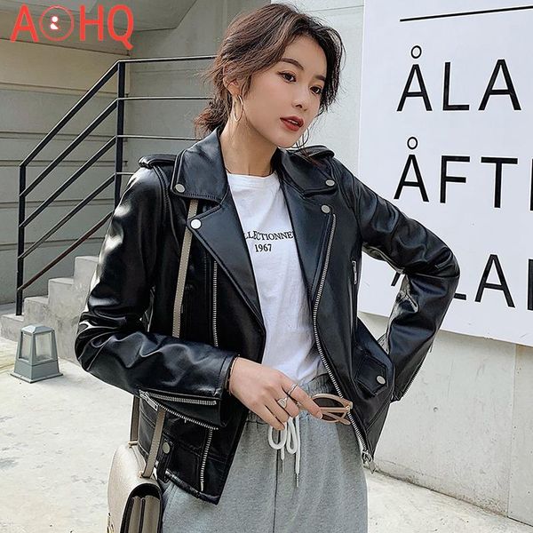 

women's leather & faux women plus size sheepskin genuine jackets autumn slim motorcycle biker jacket ladies real coats chaqueta mujer, Black