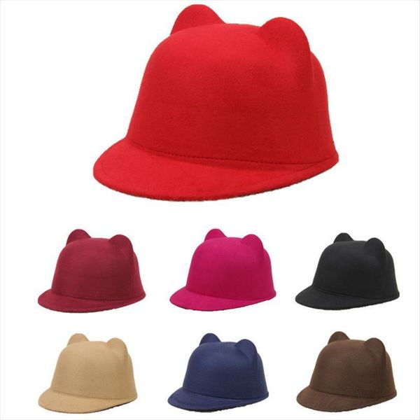 

cute cat ears wool felt hat for women children boys girls solid color plain fedoras formal hats equestrian cap, Blue;gray