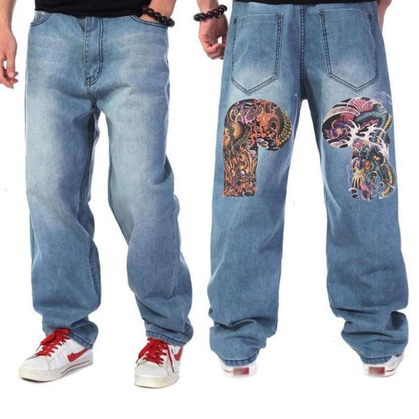 

baggy broek gentlemen long loose fit jeans rap hip hop skate denim straight stretch casual flowers, Blue
