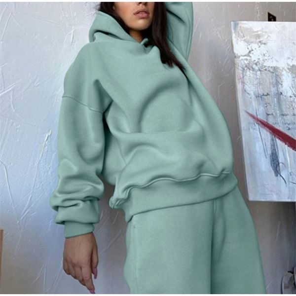 

thick hooded pant suits women's tracksuit casual two-piece loose sportswear solid elegant pullovers women set autumn winter 211126, White