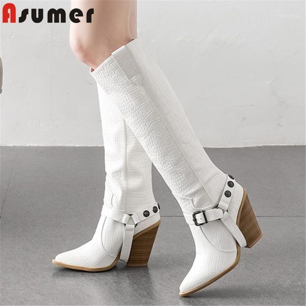 

boots asumer 2021 big size 46 knee high women pointed toe buckle wedges shoes ladies autumn winter western1, Black