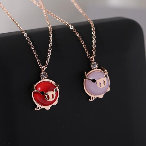 

pendant necklaces 2021 lovely pig zodiac necklace, gift jewelry rose gold color titanium steel pink crystal necklace, Silver