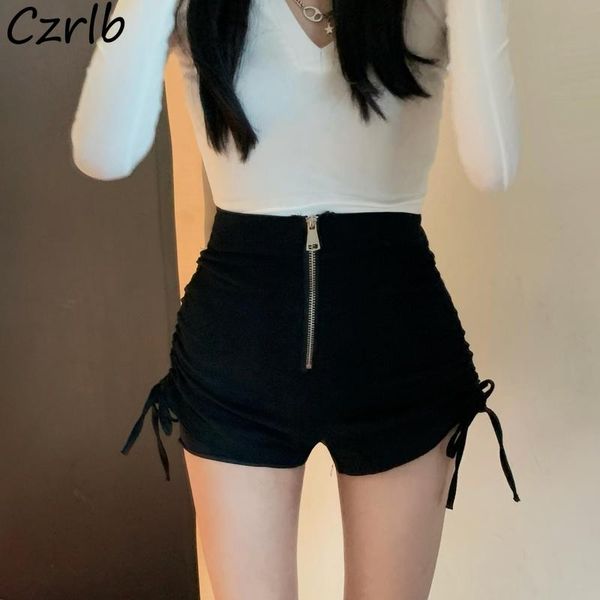 

women's shorts women summer skinny streetwear fashion design solid shirring all-match thin casual zipper club vintage korean style, White;black