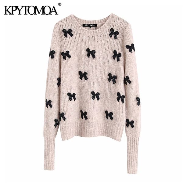 

vintage elegant bow tie appliques knitted sweater women fashion o neck long sleeve female pullovers chic 210420, White;black