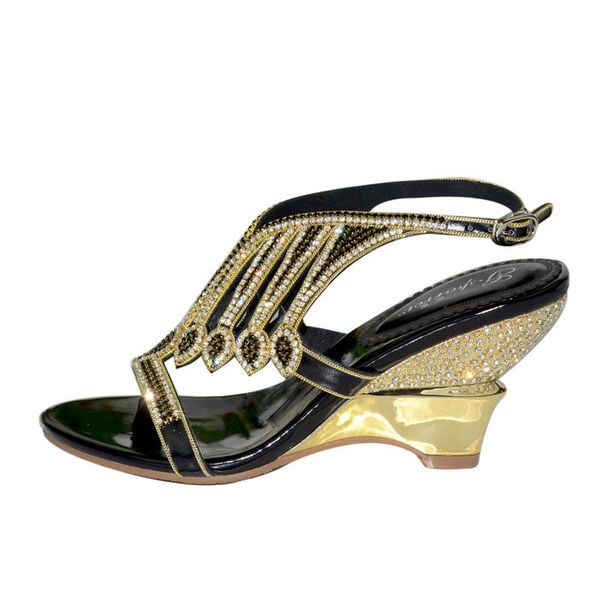 

christia bella summer crystals high heels sandals wedge formal party dress shoes buckle women bohemian style pumps, Black