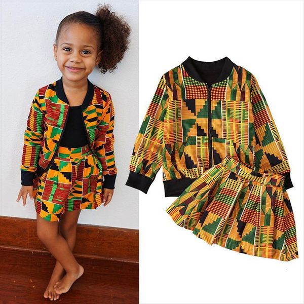 

kids clothes autumn toddler girl african bohemian zipper coat jacket skirts 2pcs set girls outfits roupa infantil, White