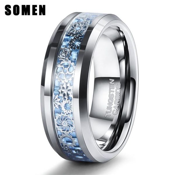 

silver color tungsten men rings luxury wedding band for male blue and gears inlay cool design 8mmparty jewelry, Slivery;golden