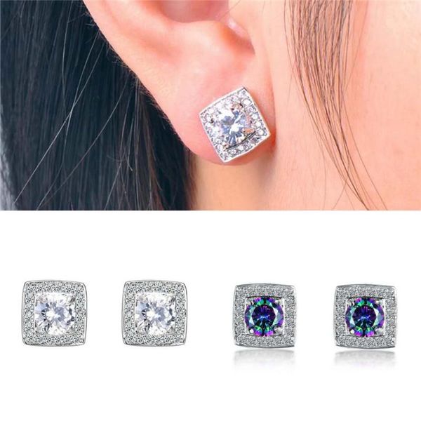 

stud girls princess cut square earrings for women 925 silver filled white zircon rainbow fire birthstone female jewelry, Golden;silver