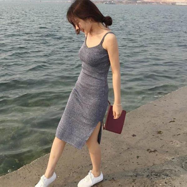 

casual dresses 2021 classic slim cut women dress side vented sleeveless style selling famale party wear stretch knitting woman, Black;gray