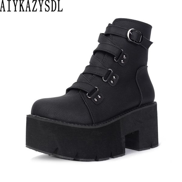 

boots aiykazysdl women ankle gothic gladiator strappy bootie motorcycle biker platform chunky high heel creepers shoes, Black