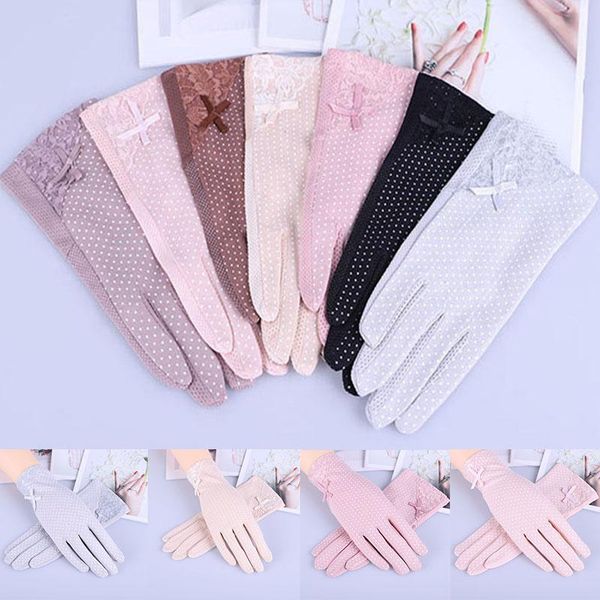 

five fingers gloves women sunscreen summer spring lady stretch touch screen anti uv slip resistant driving glove breathable lace guantes 23c, Blue;gray