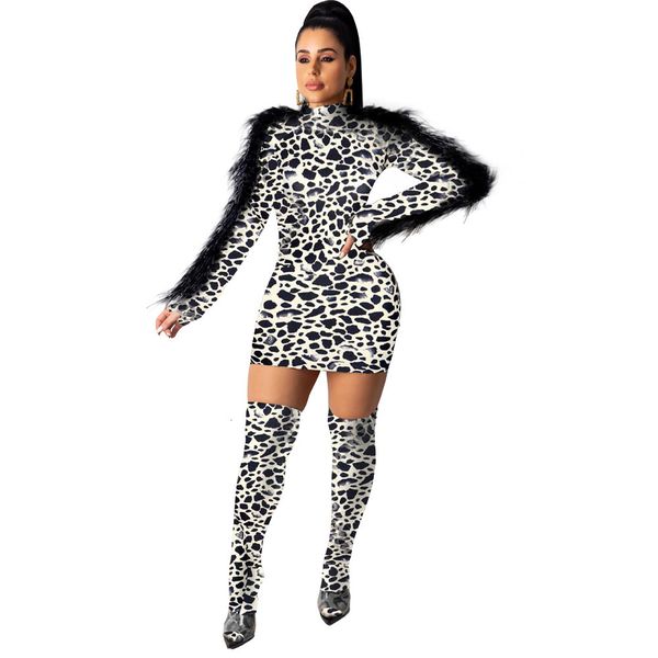 

latest feather leopard printed women party nightclub high neck long sleeves white yellow bodycon es no stocking, White;black