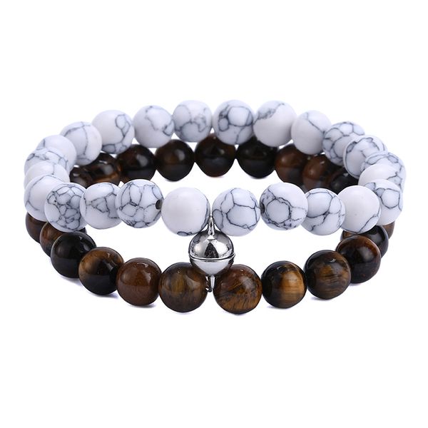 

women men lover chic magnet friendship bracelets for couples 8mm pink white black stone stretchy beaded bracelet statement jewelry gifts, Golden;silver