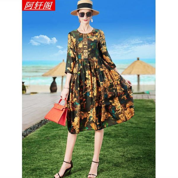 

spring upscale lady retro mother mulberry silk printed dress women's elegant fashon casual dresses, Black;gray