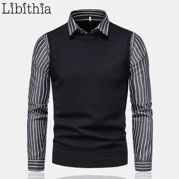 

men's sweaters men casual fake two pieces sweaters striped pattern turn-down collar long sleeve autumn for men 2xl grey clot, White;black