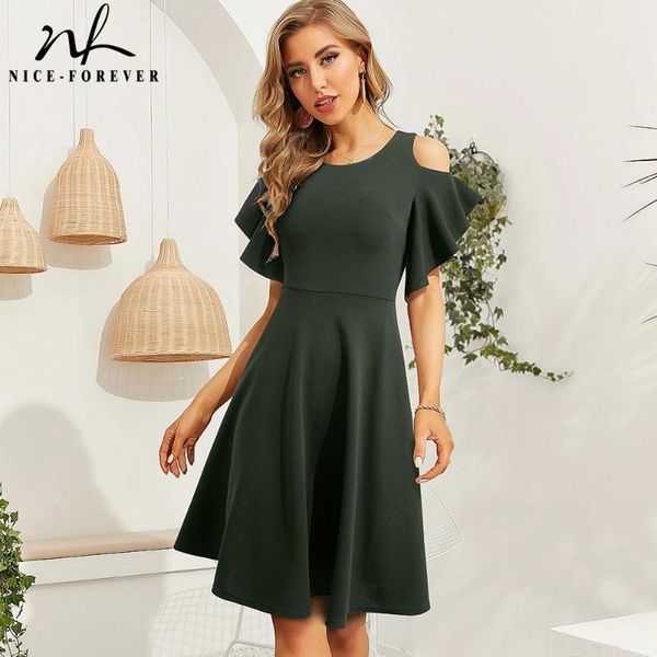 

casual dresses nice-forever summer women fashion pure color with cold shoulder elegant swing flare dress a271, Black;gray