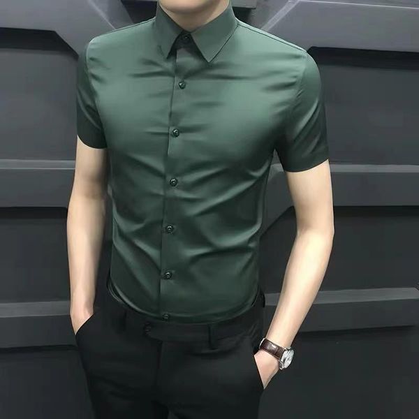 

men's dress shirts 2021 summer mens shirt short sleeve casual slim fit men male solid color formal business social clothing blouse o319, White;black