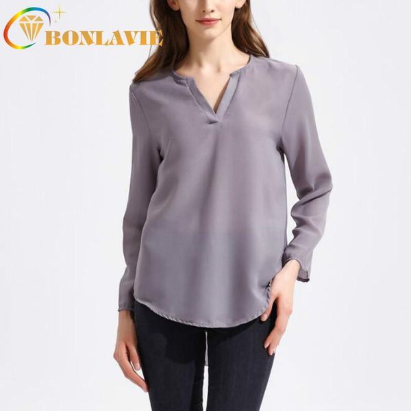 

women's blouses & shirts summer women chiffon blouse v collar long-sleeved loose office lady solid stylish plus size, White