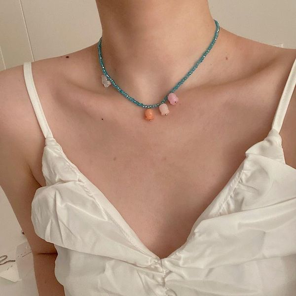 

chains 2021 kpop trendy blue bead pink flower butterfly chokers necklace for woman girls aesthetic party jewelry, Silver