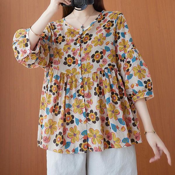 

women's blouses & shirts women cotton linen casual arrival 2021 summer vintage style o-neck floral print all-match loose female b138, White