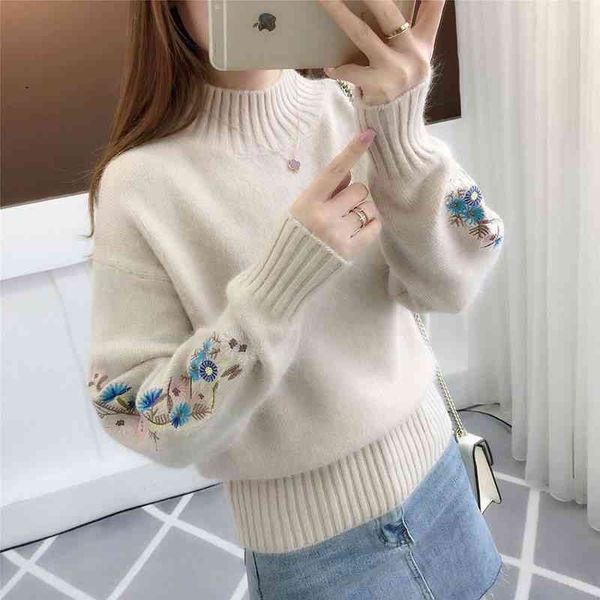 

women's round neck solid color embroidered sweater, long sve, loose, autumn and winter, new in 2021, White;black