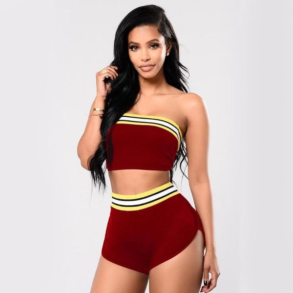 

gym clothing women casual strapless patchwork off contrast color, shoulder elastic band summer tube set, White;black