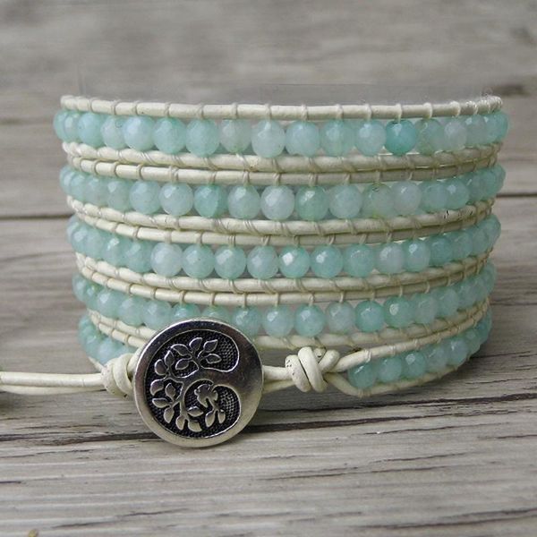 

tennis boho 5 wrap bracelet gypsy leather the faceted aqua color beads natural stone jewelry yoga, Golden;silver