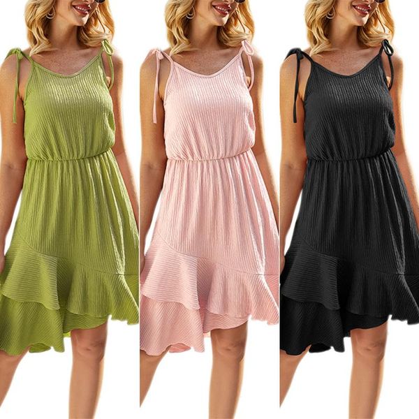 

summer round neck pure color camis dress irregular ruffles high waist mini adjustable strap pleated casual dresses, Black;gray