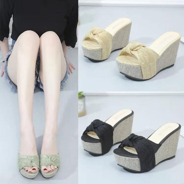 

fashion summer women slippers wedges bow slip on leisure platform sandals high heels female shoes ladies mules flip flops dress, Black