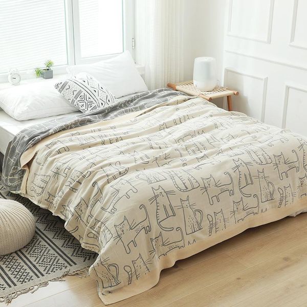 

blankets nordic europe adults cat printed summer blanket gauze bed sofa cover chic tassel multifunction travel breathable throw