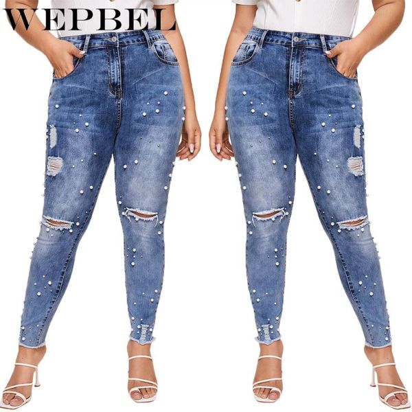 

women's casual mid waist button slim denim pencil pants spring autumn fashion solid color beading hole jeans, Blue