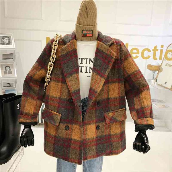 

dress retro plaid niche thickening women's coat 2021 style design contrast colour tweed double breasted suit, Black;gray