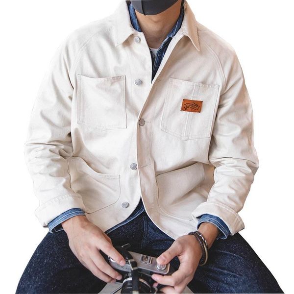 

men's jackets mcikkny men cargo vintage denim and coats multi pockets spring jeans for male clothing white, Black;brown