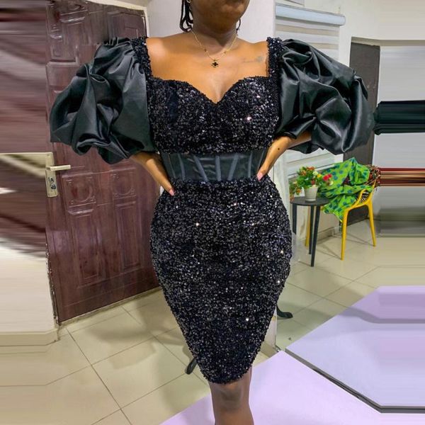 

party dresses black sequined cocktail puffy sleeves knee length prom dress mermaid exposed boning lace up african women gowns, White;black