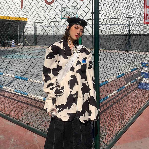 

[deat] women printed hit color oversize blazer new lapel long sleeve loose fit jacket fashion tide spring autumn 13f893 201009, White;black