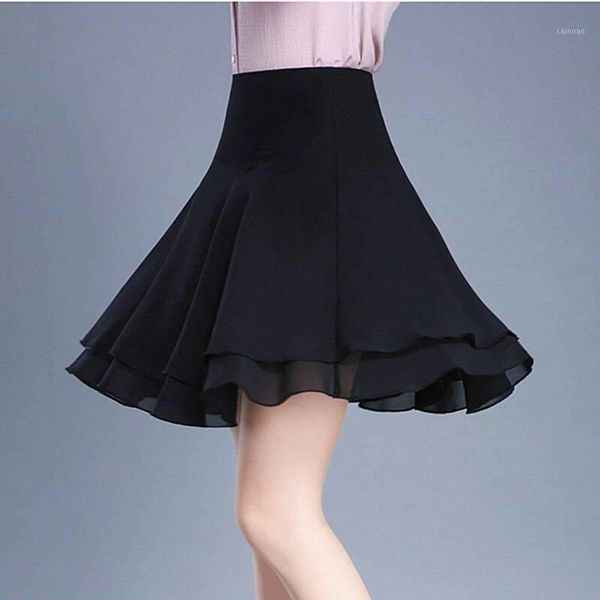 

[bring safety pants] double layer chiffon skirt 20 summer big size high waist swing dance short skirts, Black