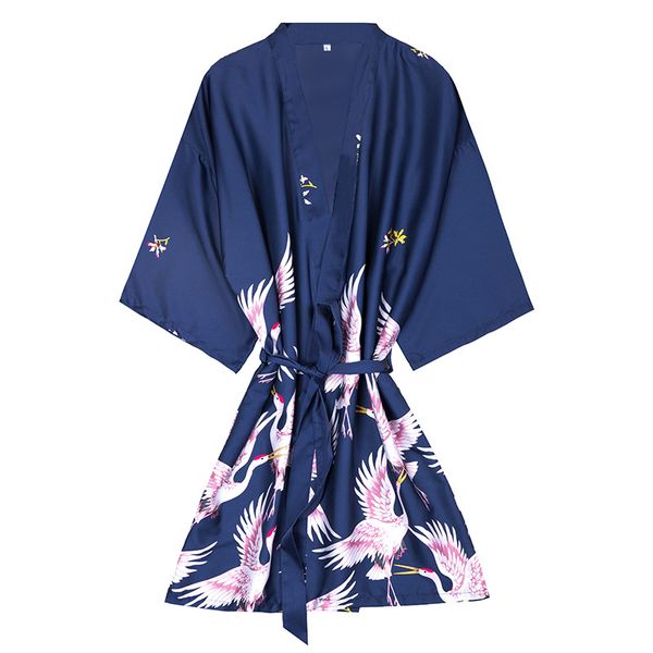 

new style navy blue ladies rayon short robe women elegant print nightgowns kimono bathrobe flower nightdress size -xxl, Black;red