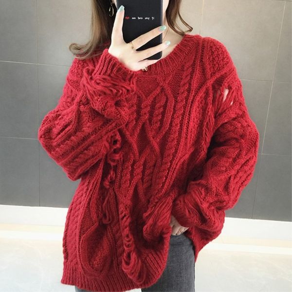 

women's loose hole knit sweater autumn long sleeve big size winter casual pullovers warm pullover and jumpers crewneck 210531, White;black