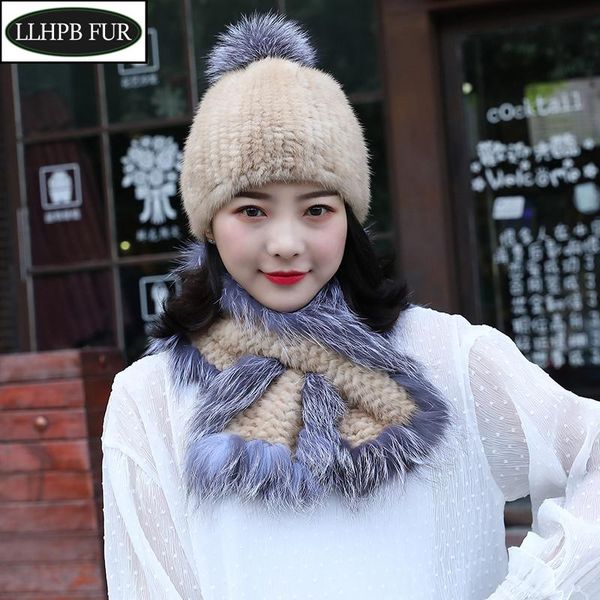 

hats, scarves & gloves sets 2021 lady knitted natural warm fur cap women winter real mink hat scarf quality hats muffler, Blue;gray