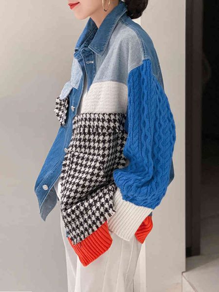 

2021 spring and autumn European stlye tops plaid free seams crocheted sleeves contrast denim women's jacket loose, Black;brown
