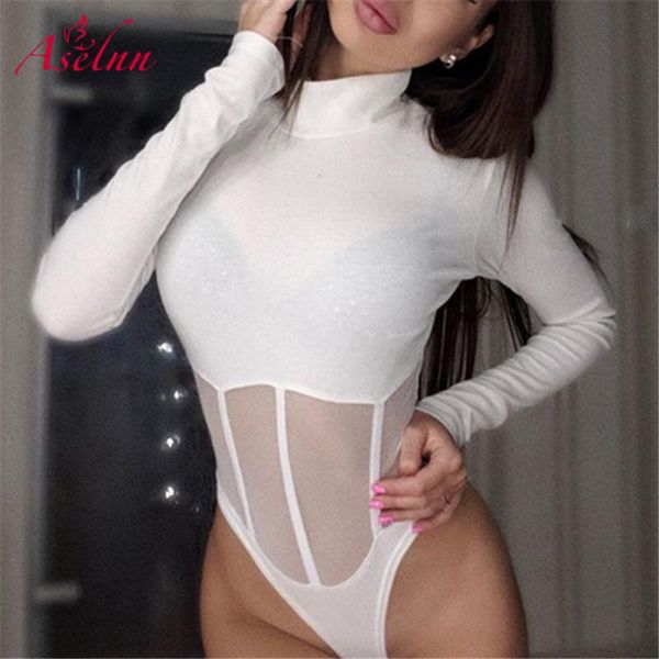 

women's jumpsuits & rompers aselnn transparent mesh patchwork knited bodysuit turtleneck long sleeve bodycon romper jumpsuit autumn wom, Black;white