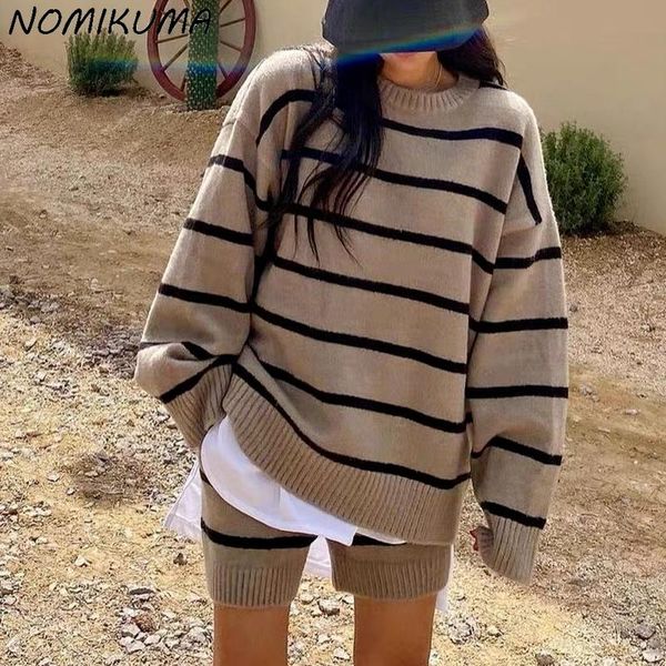 

women's tracksuits nomikuma stripe knitted sweater shorts set two pieces korean causal pullover + high waist knit short 2021 6v766, Gray