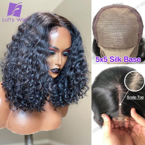 

lace wigs 5x5 pu silk base scalp wig short curly front human hair closure with baby remy peruvian luffywig, Black;brown