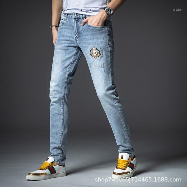 

summer thin wear badge embroidery youth stretch slim leggings men's light blue jeans fashion